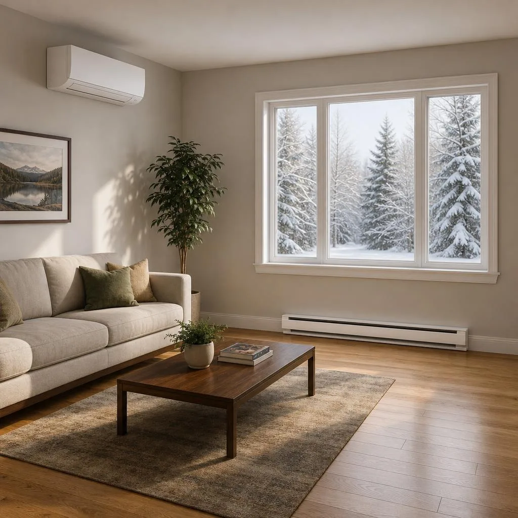 Illustration d'une thermopompe sans conduits et d'une plinthe électrique dans un salon canadien