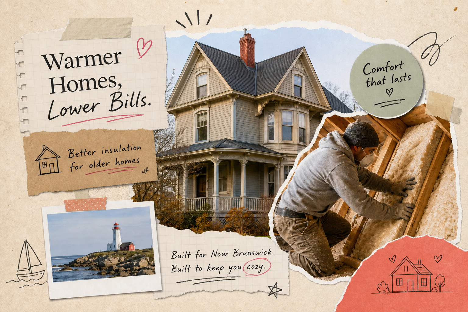 Best insulation for older New Brunswick homes in 2026: heritage home in Saint John with contractor installing insulation