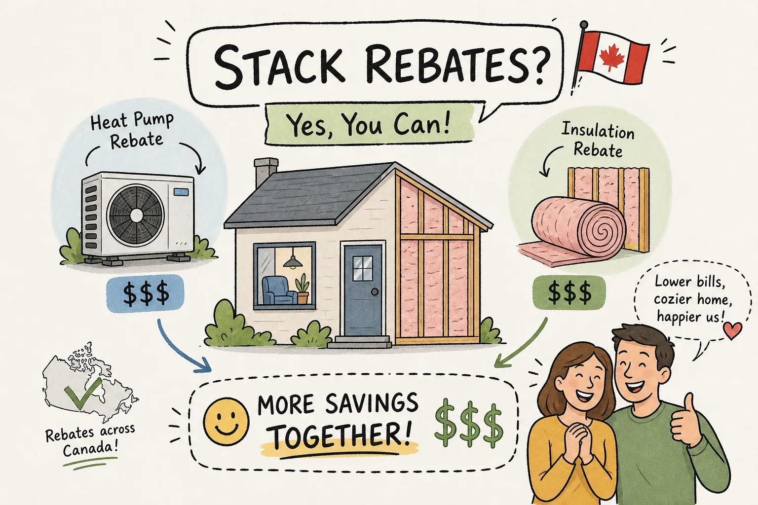 Illustration showing heat pump and insulation rebates being combined for a Canadian home