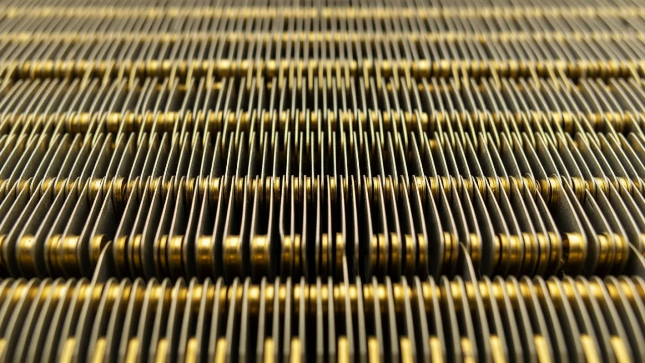 Macro close-up of dense rows of gold-coated aluminum fins on a heat pump coil, showing corrosion-resistant Gold Fin coating