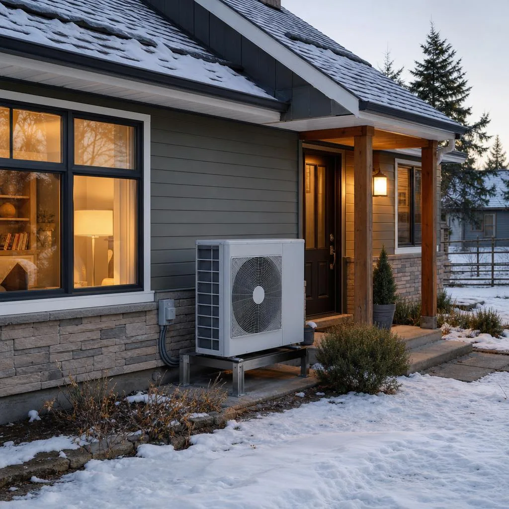 Illustration of a raised outdoor cold-climate heat pump beside a Canadian home in winter