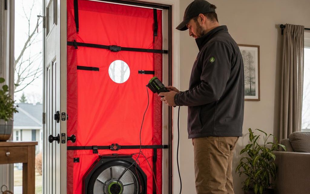 Energy advisor performing a blower door airtightness test in a Canadian home