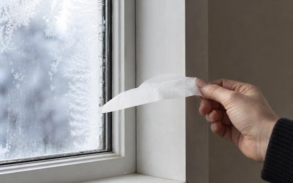 Homeowner holding a tissue near a window frame to check for a draft on a winter day