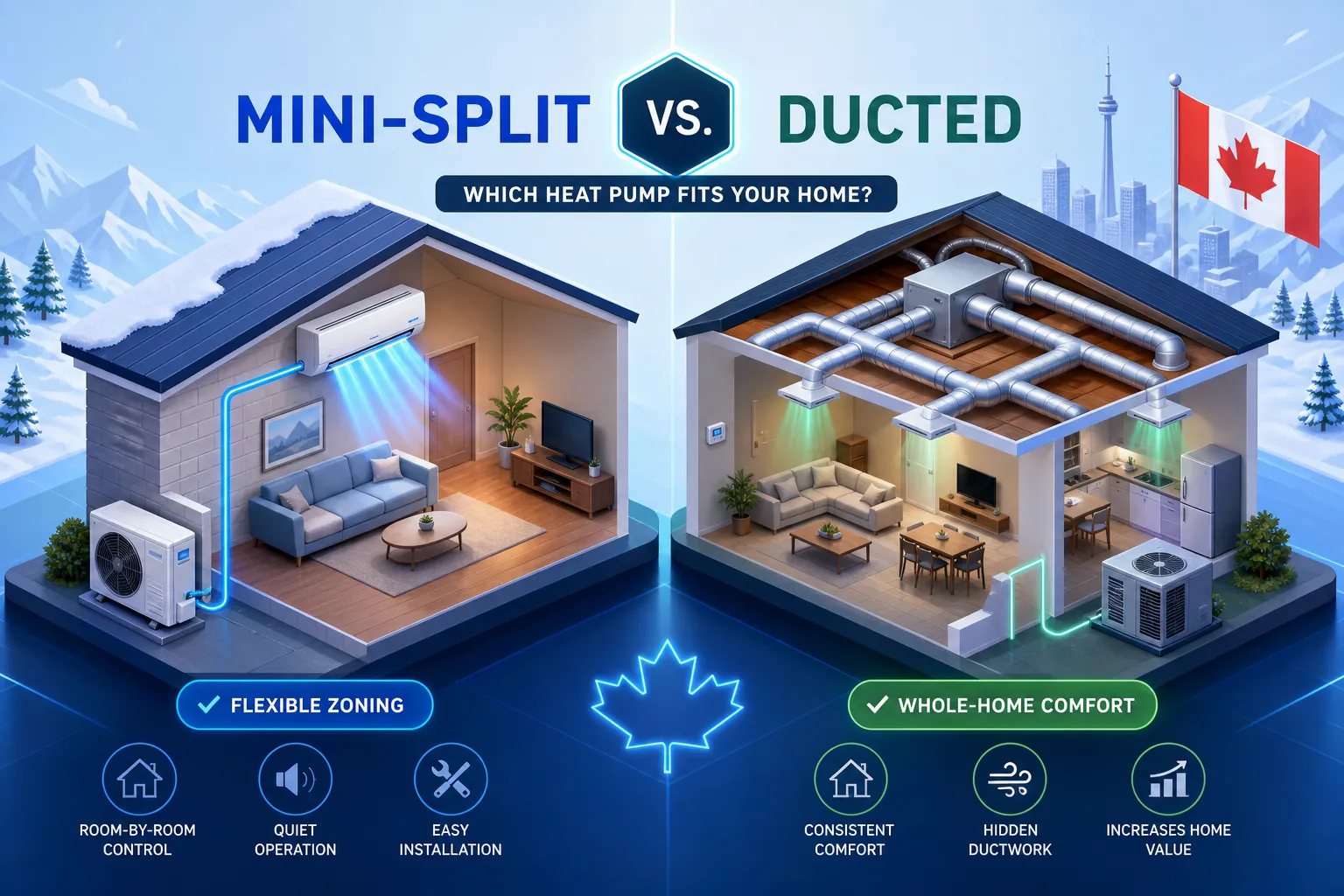 Mini-split vs. ducted heat pump comparison showing ductless flexible zoning and whole-home ducted comfort for Canadian homes