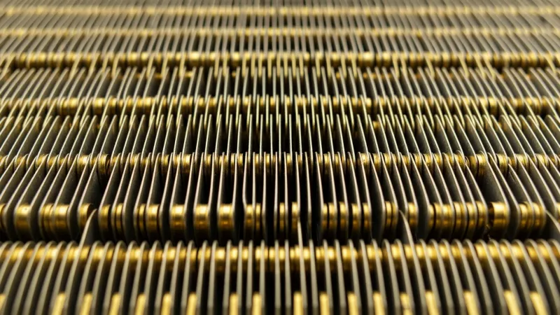 Close-up of gold-coated heat pump fins on outdoor coil with corrosion-resistant Gold Fin coating