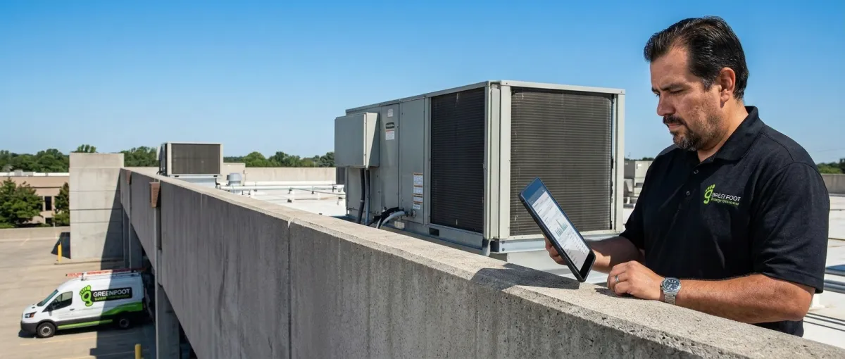 Commercial rooftop units on a multi-unit building