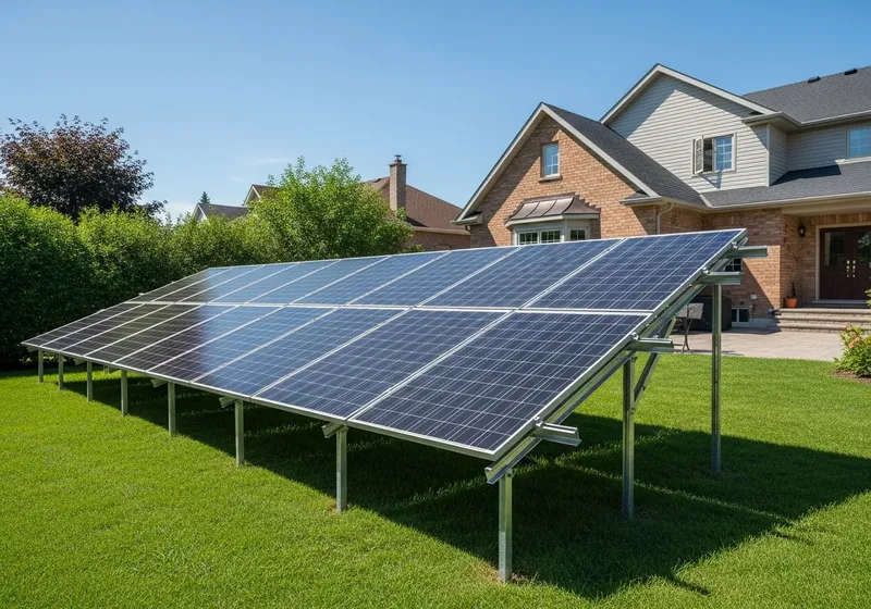 Homeowner reviewing solar energy investment paperwork next to ground-mount panels